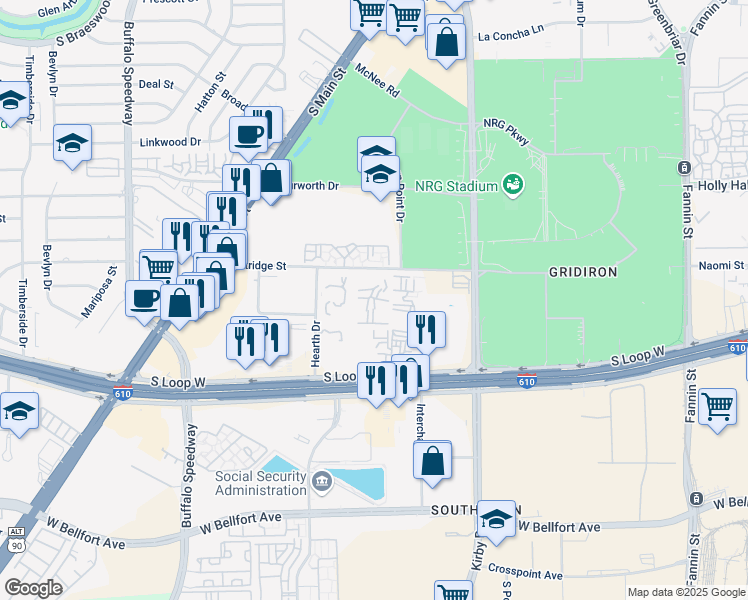 map of restaurants, bars, coffee shops, grocery stores, and more near 2501 Westridge Street in Houston