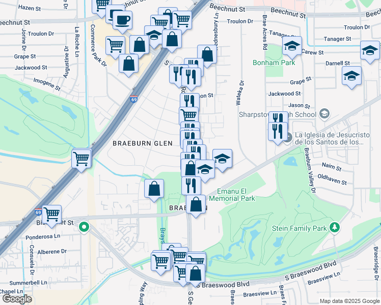 map of restaurants, bars, coffee shops, grocery stores, and more near 8400 Nairn Street in Houston