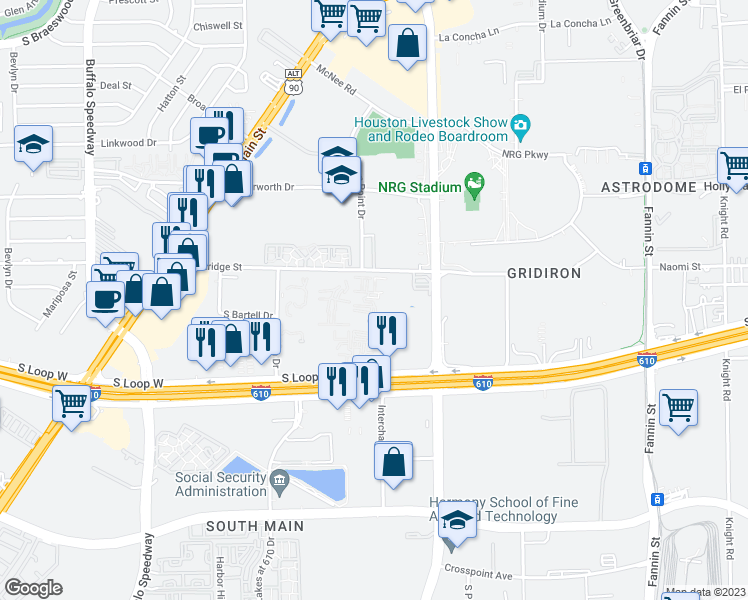 map of restaurants, bars, coffee shops, grocery stores, and more near 2401 Westridge Street in Houston