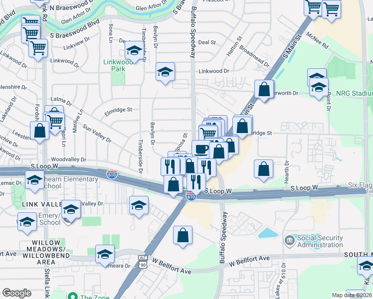 map of restaurants, bars, coffee shops, grocery stores, and more near 9713 Mariposa Street in Houston