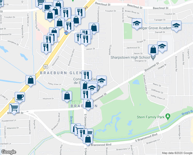 map of restaurants, bars, coffee shops, grocery stores, and more near 8300 Nairn Street in Houston