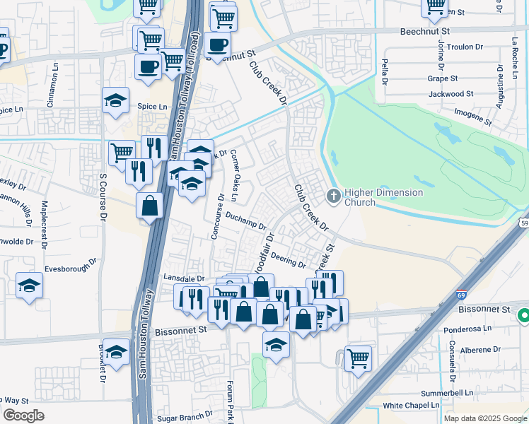 map of restaurants, bars, coffee shops, grocery stores, and more near 9290 Woodfair Drive in Houston
