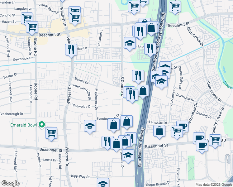 map of restaurants, bars, coffee shops, grocery stores, and more near 8702 S Course Dr in Houston