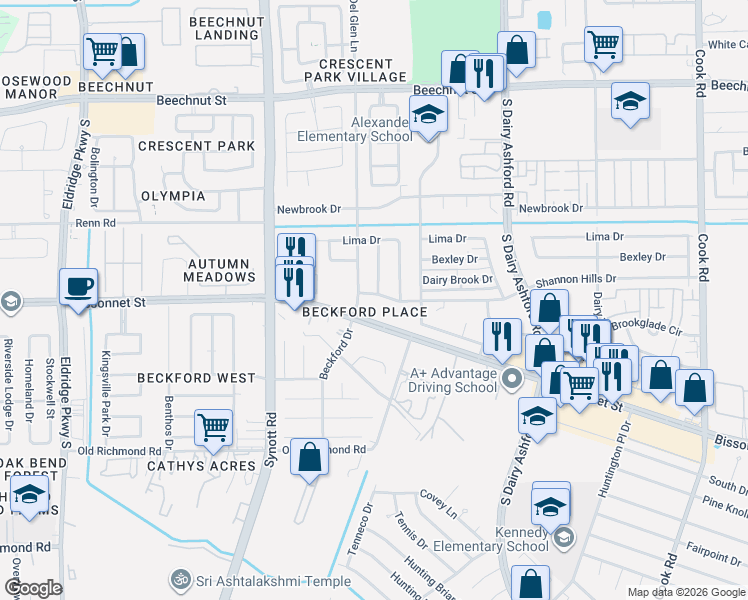 map of restaurants, bars, coffee shops, grocery stores, and more near 12968 Bissonnet Street in Houston