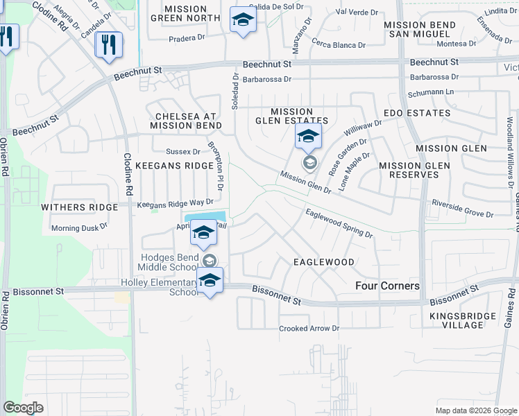 map of restaurants, bars, coffee shops, grocery stores, and more near 9223 Eaglewood Glen Trail in Houston