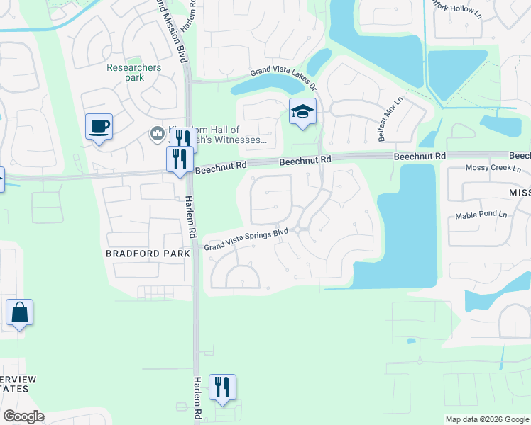 map of restaurants, bars, coffee shops, grocery stores, and more near 18906 Majestic Vista Lane in Richmond