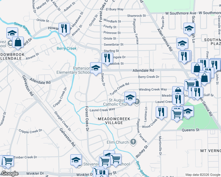 map of restaurants, bars, coffee shops, grocery stores, and more near 5502 Meadow Creek Lane in Houston