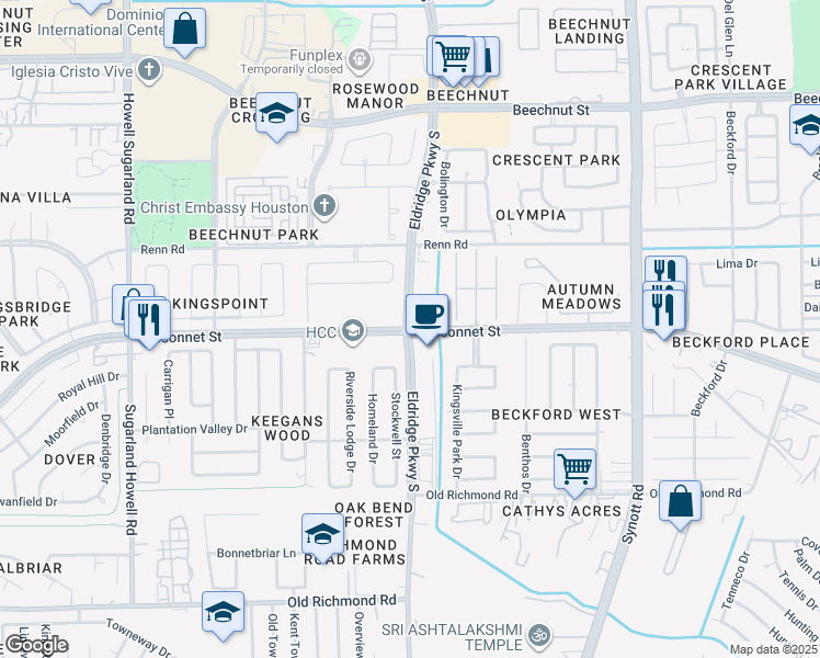 map of restaurants, bars, coffee shops, grocery stores, and more near Bissonnet St & Eldridge Pkwy in Houston