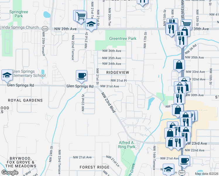 map of restaurants, bars, coffee shops, grocery stores, and more near 3059 Northwest 28th Circle in Gainesville