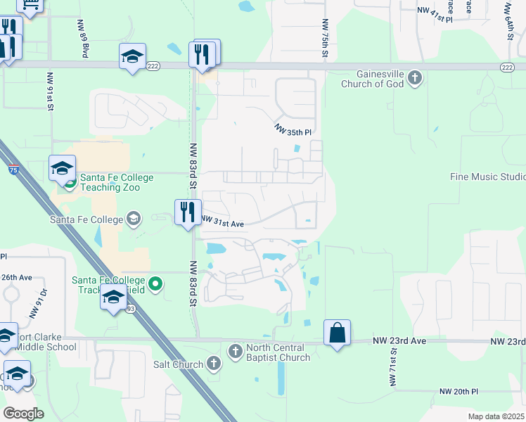 map of restaurants, bars, coffee shops, grocery stores, and more near 3002 Northwest 79th Court in Gainesville