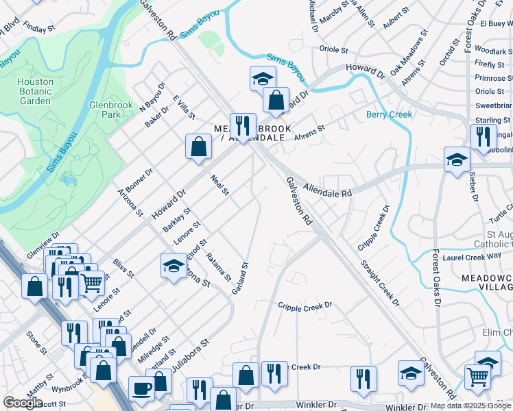 map of restaurants, bars, coffee shops, grocery stores, and more near 8426 Garland Street in Houston