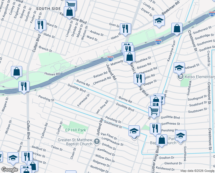 map of restaurants, bars, coffee shops, grocery stores, and more near 5014 Burma Road in Houston