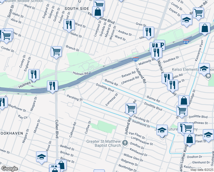 map of restaurants, bars, coffee shops, grocery stores, and more near 7314 Dunkirk Road in Houston
