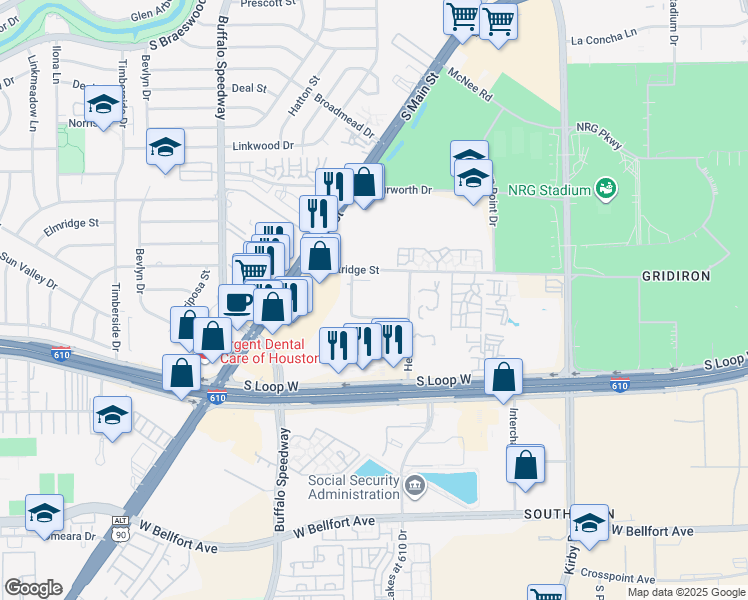 map of restaurants, bars, coffee shops, grocery stores, and more near 2818 South Bartell Drive in Houston