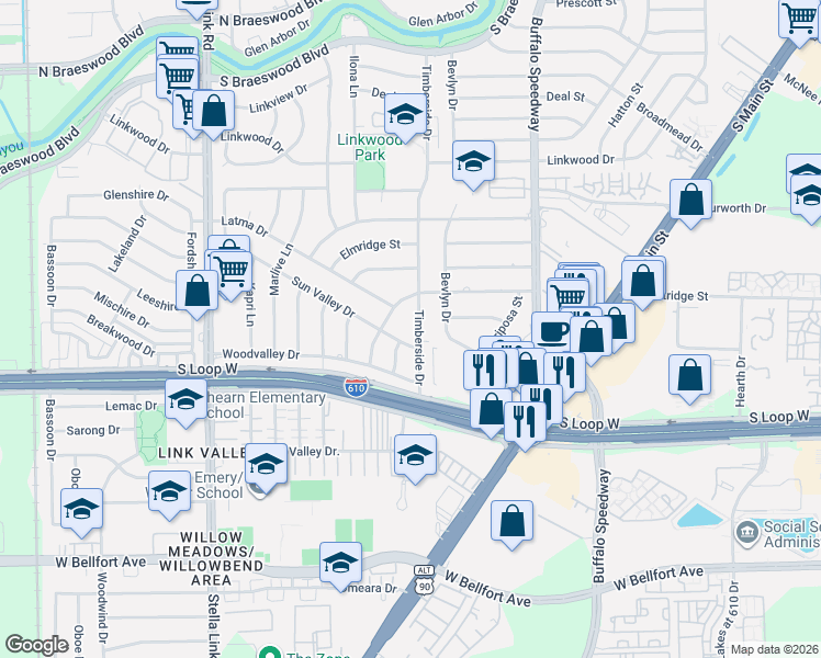 map of restaurants, bars, coffee shops, grocery stores, and more near 9305 Timberside Drive in Houston