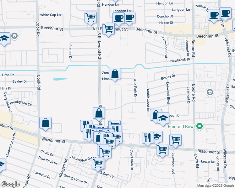 map of restaurants, bars, coffee shops, grocery stores, and more near 8910 Ketchwood Drive in Houston