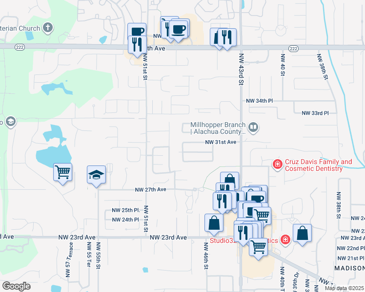 map of restaurants, bars, coffee shops, grocery stores, and more near 3026 Northwest 47th Terrace in Gainesville