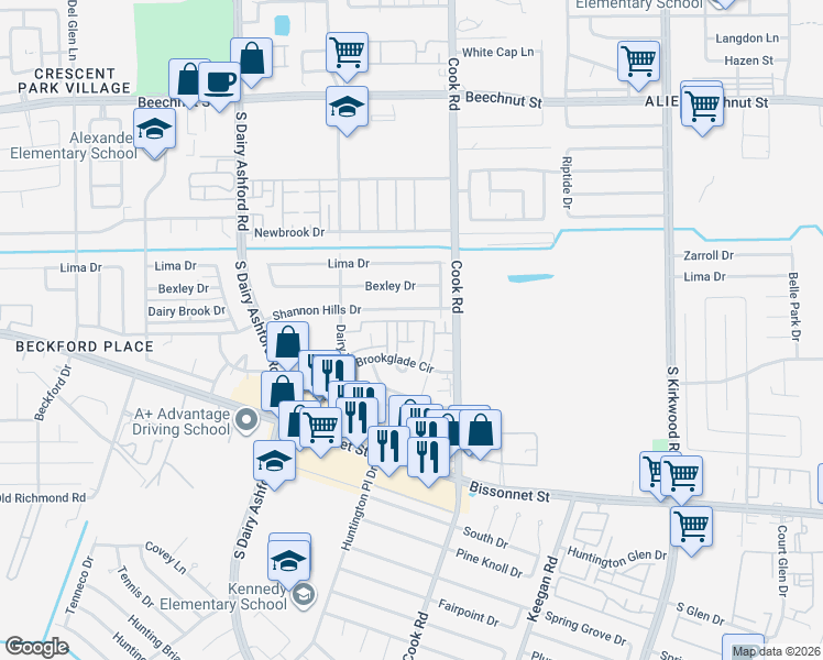 map of restaurants, bars, coffee shops, grocery stores, and more near 12400 Brookglade Circle in Houston