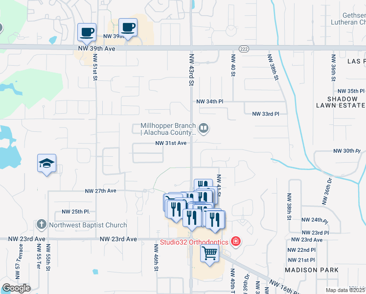 map of restaurants, bars, coffee shops, grocery stores, and more near 4215 Northwest 31st Avenue in Gainesville