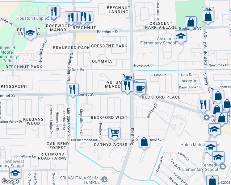 map of restaurants, bars, coffee shops, grocery stores, and more near 13250 Bissonnet Street in Houston
