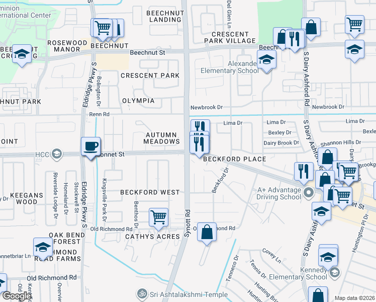 map of restaurants, bars, coffee shops, grocery stores, and more near Synott Rd & Bissonnet St in Houston