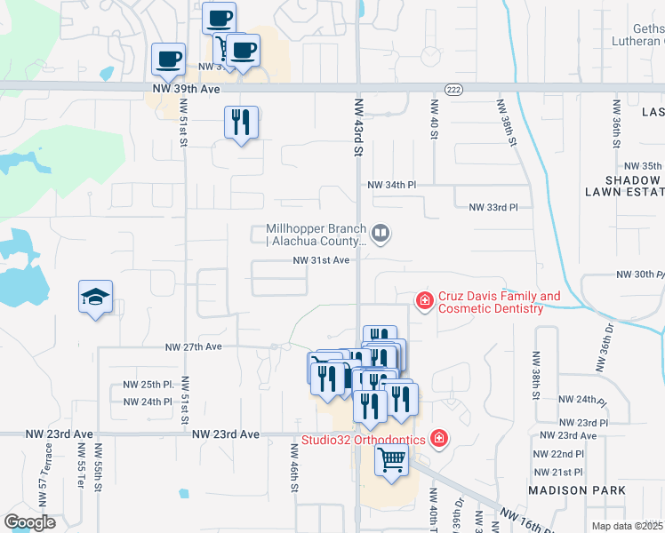 map of restaurants, bars, coffee shops, grocery stores, and more near 2932 Northwest 43rd Street in Gainesville