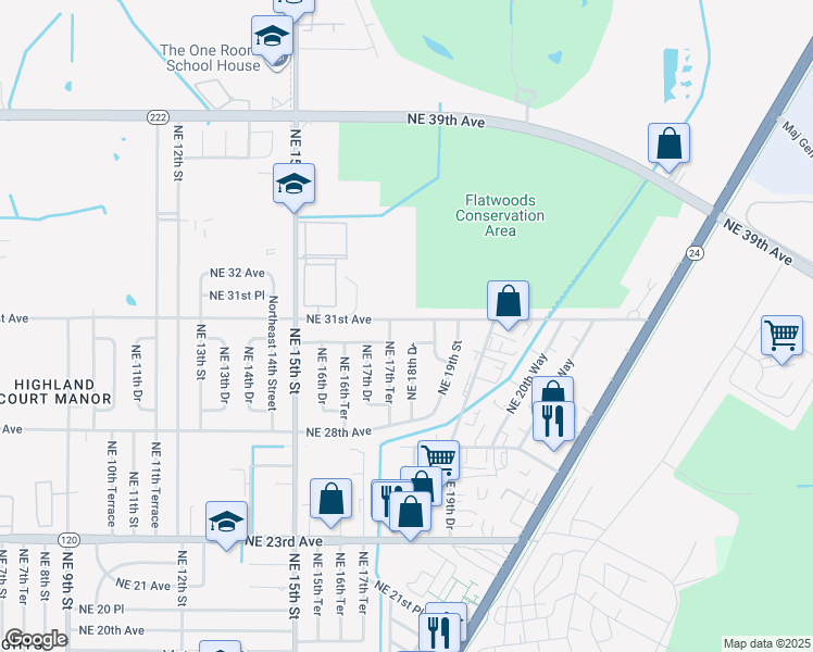 map of restaurants, bars, coffee shops, grocery stores, and more near 2959 Northeast 17th Terrace in Gainesville