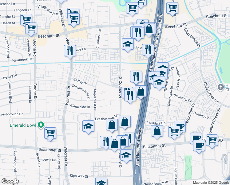 map of restaurants, bars, coffee shops, grocery stores, and more near 8702 South Course Drive in Houston