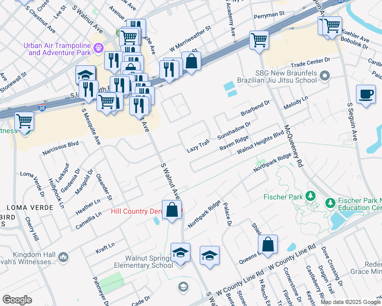 map of restaurants, bars, coffee shops, grocery stores, and more near 953 Lazy Trail in New Braunfels