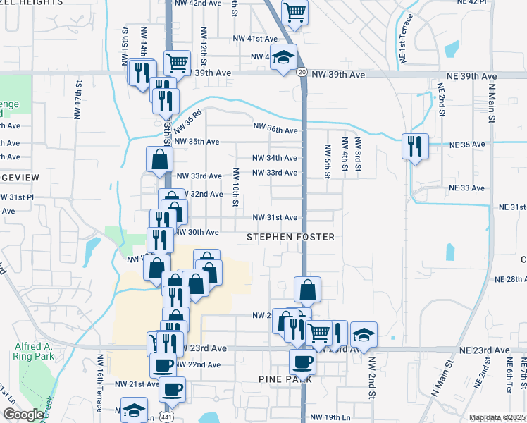 map of restaurants, bars, coffee shops, grocery stores, and more near 3103 Northwest 9th Street in Gainesville