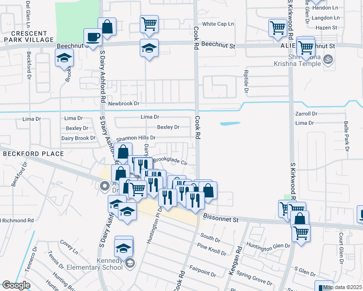 map of restaurants, bars, coffee shops, grocery stores, and more near 12300 Brookglade Circle in Houston