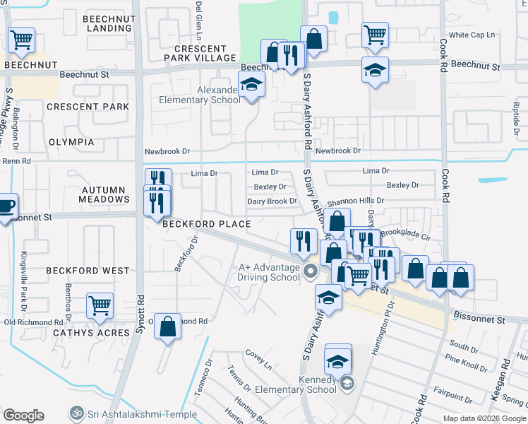 map of restaurants, bars, coffee shops, grocery stores, and more near 12811 Shannon Hills Drive in Houston