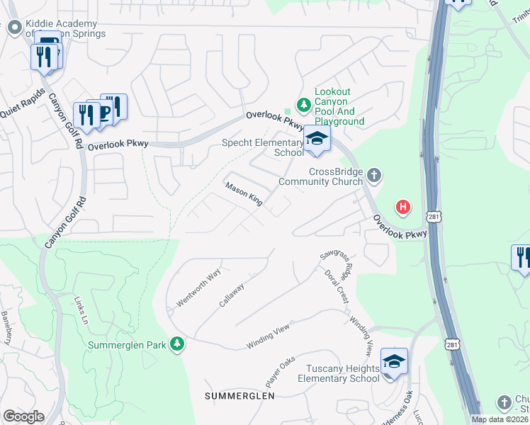 map of restaurants, bars, coffee shops, grocery stores, and more near 1732 Mason King in San Antonio