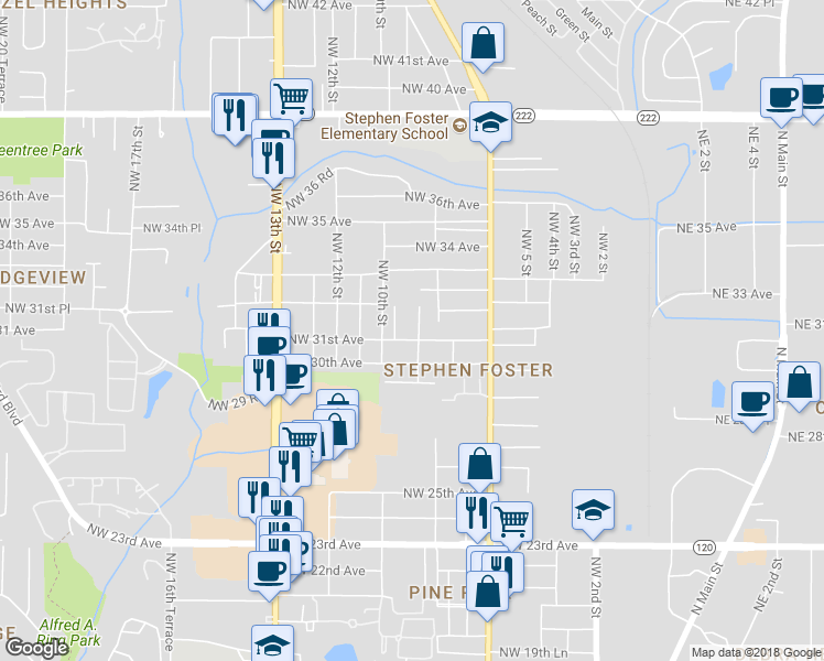 map of restaurants, bars, coffee shops, grocery stores, and more near 3108 Northwest 9th Street in Gainesville