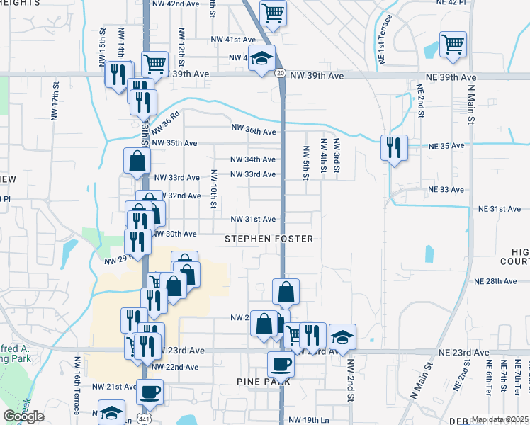 map of restaurants, bars, coffee shops, grocery stores, and more near 708 Northwest 31st Avenue in Gainesville