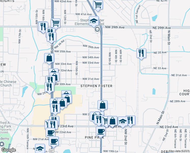 map of restaurants, bars, coffee shops, grocery stores, and more near 708 Northwest 31st Avenue in Gainesville