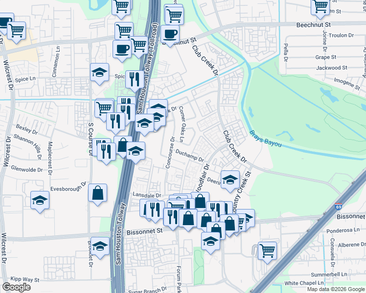 map of restaurants, bars, coffee shops, grocery stores, and more near 10111 Duchamp Drive in Houston