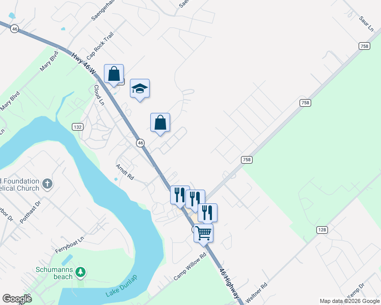 map of restaurants, bars, coffee shops, grocery stores, and more near 1437 Farm to Market Road 758 in New Braunfels