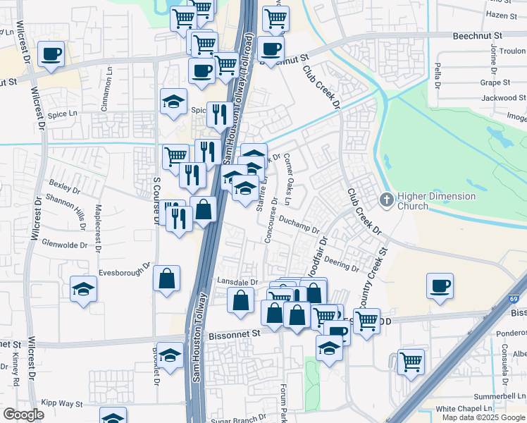 map of restaurants, bars, coffee shops, grocery stores, and more near 10206 Finchwood Lane in Houston