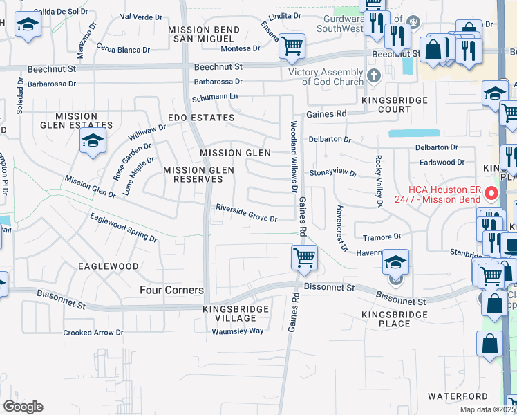map of restaurants, bars, coffee shops, grocery stores, and more near 15507 Wildwood Glen Drive in Houston
