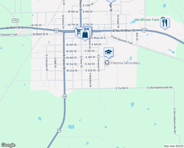 map of restaurants, bars, coffee shops, grocery stores, and more near 129 East 2nd Street in Flatonia
