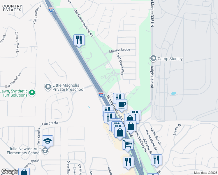 map of restaurants, bars, coffee shops, grocery stores, and more near 25600 Frontage Road in Boerne