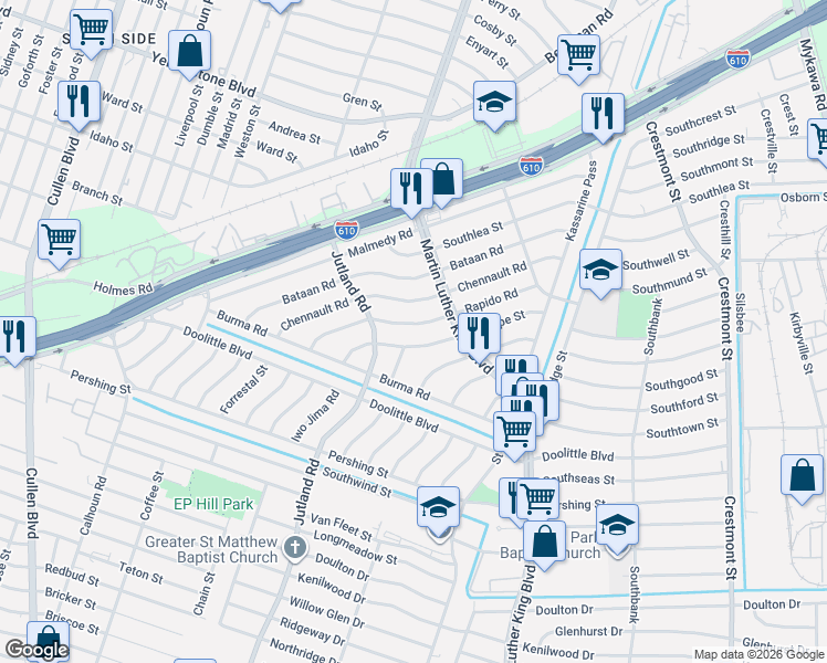 map of restaurants, bars, coffee shops, grocery stores, and more near 5134 Chennault Road in Houston