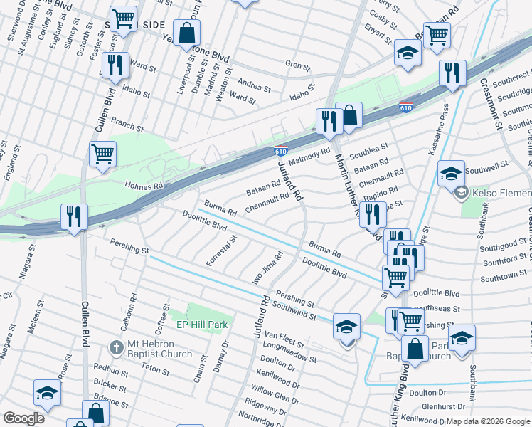 map of restaurants, bars, coffee shops, grocery stores, and more near 5006 Chennault Road in Houston