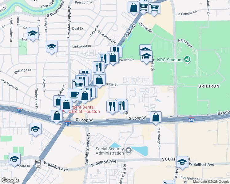 map of restaurants, bars, coffee shops, grocery stores, and more near U Avenue V in Houston