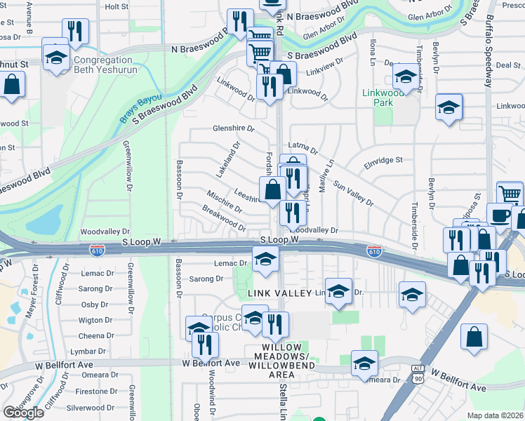 map of restaurants, bars, coffee shops, grocery stores, and more near 9231 Fordshire Drive in Houston
