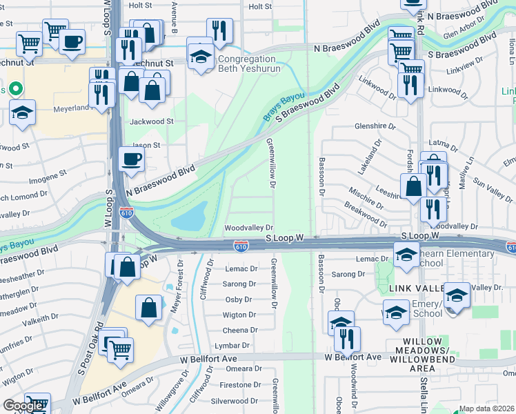 map of restaurants, bars, coffee shops, grocery stores, and more near 4306 Breakwood Drive in Houston