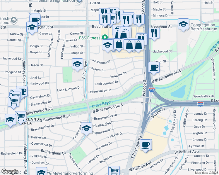 map of restaurants, bars, coffee shops, grocery stores, and more near 4922 Loch Lomond Drive in Houston
