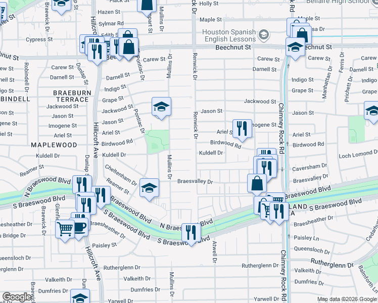 map of restaurants, bars, coffee shops, grocery stores, and more near 5519 Birdwood Road in Houston