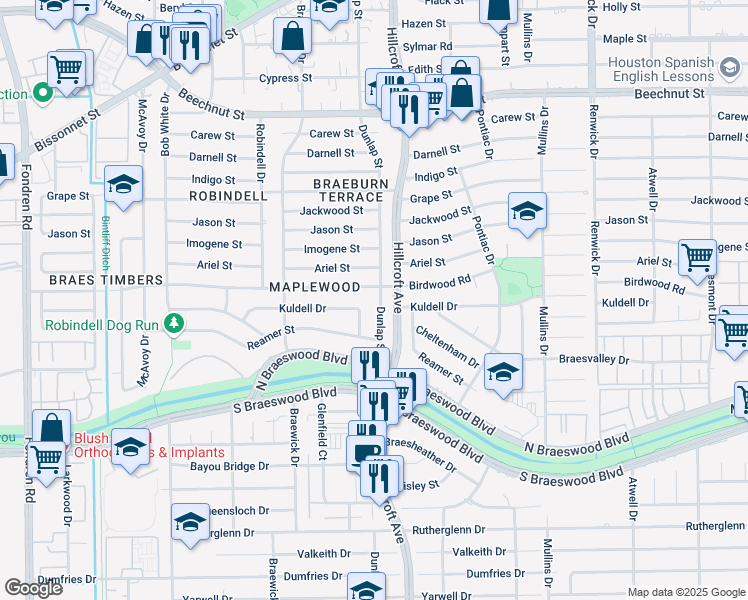 map of restaurants, bars, coffee shops, grocery stores, and more near 5816 Birdwood Road in Houston